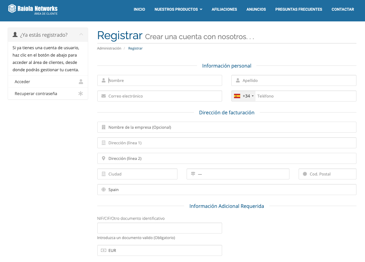 Formulario de registro en Raiola Networks