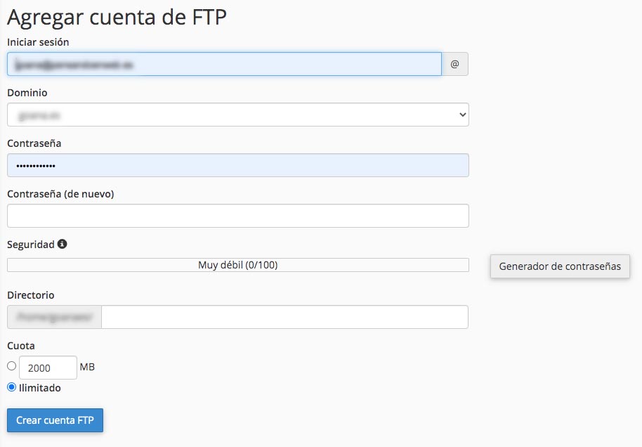 Crear nueva cuenta FTP