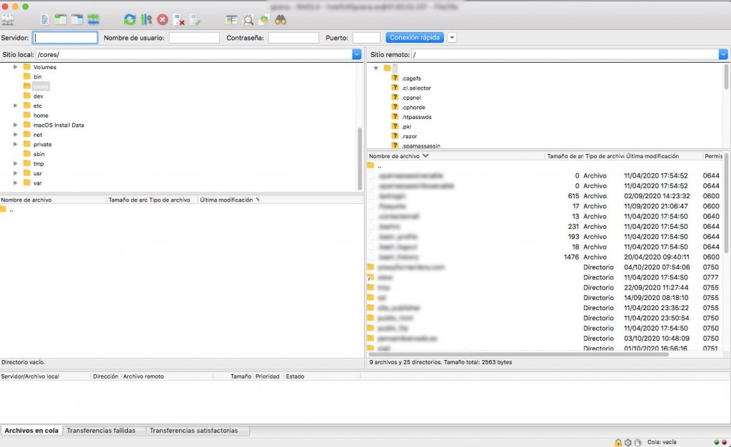 Cuenta conectada en Filezilla al FTP