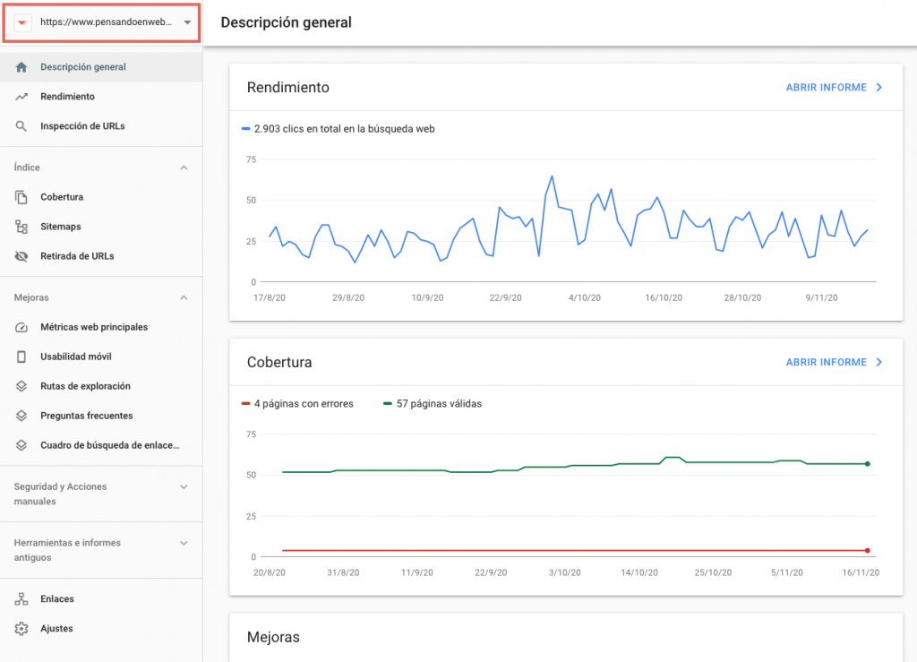 Panel de control de Google Search Console